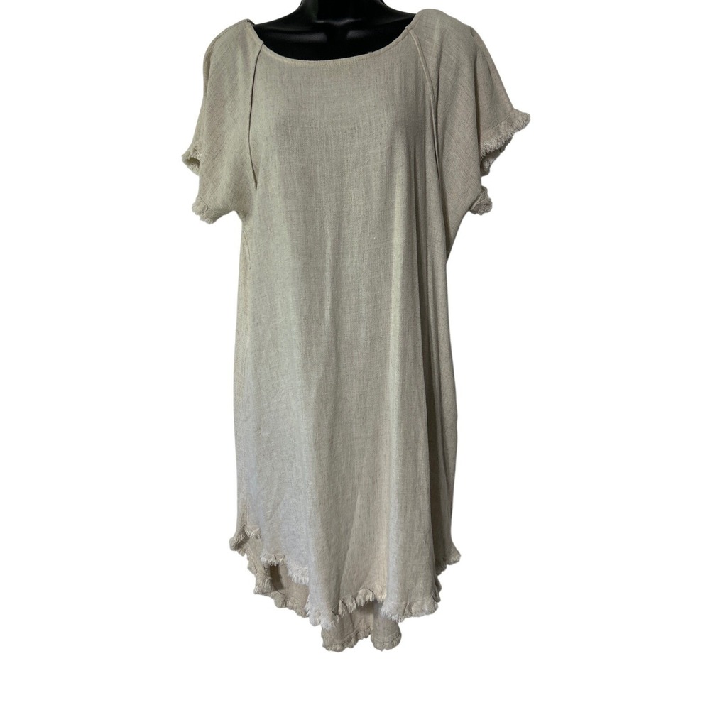 Umgee Linen Cotton Frayed Fringe‎ High Low Shift Dress Oatmeal Beige S Pockets